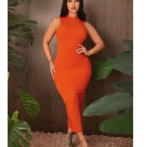 SHEIN | Dresses | Bright Orange Bodicon Sleeveless Midi Dress Casual Small 